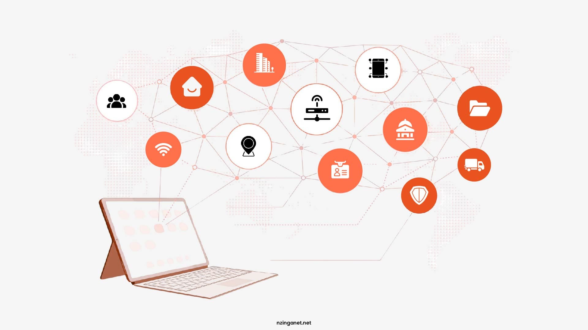A conceptual illustration of a laptop connected to a global network of various digital asset icons, such as servers, cloud storage, IDs, and mobile devices.