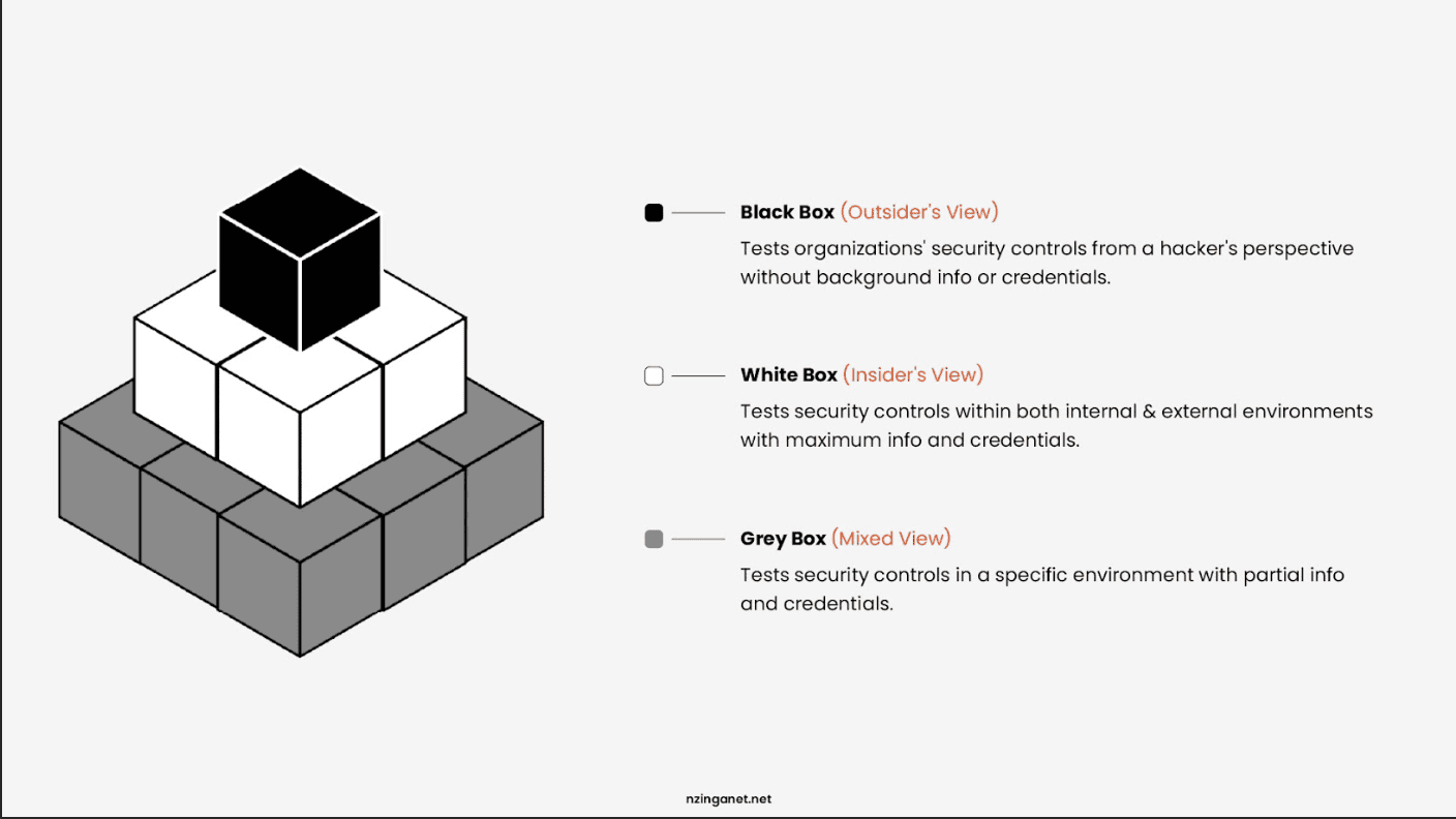 Comparison of black box, white box, and gray box penetration testing showing outsider, insider, and mixed views