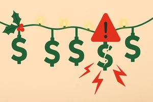 Dollar-sign holiday lights with a red warning sign, illustrating holiday phishing scams that target business finances