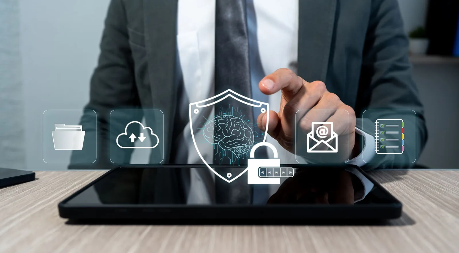 Businessman interacting with a digital security interface