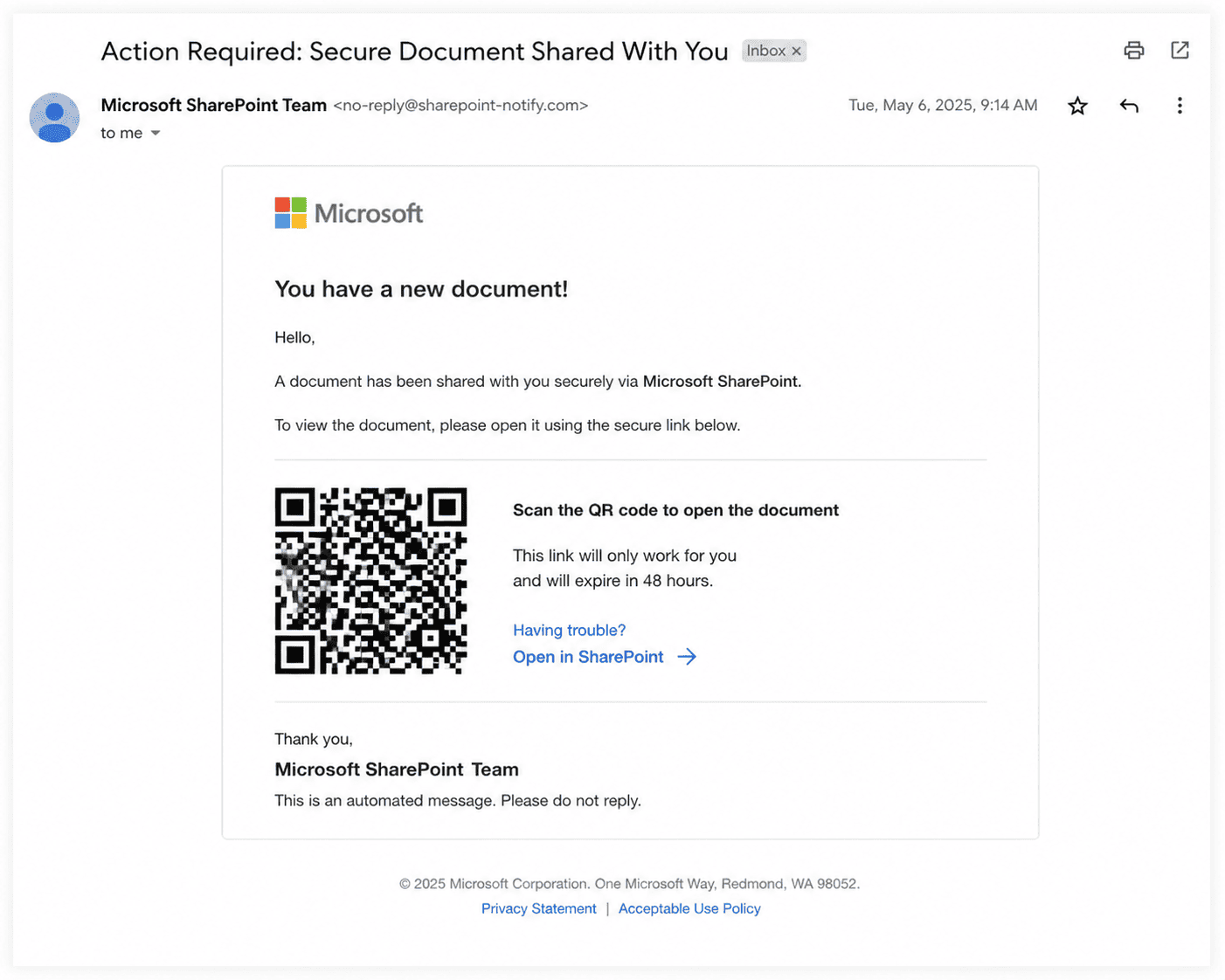 Example quishing email posing as a Microsoft SharePoint file share that asks the reader to scan a QR code to open it.