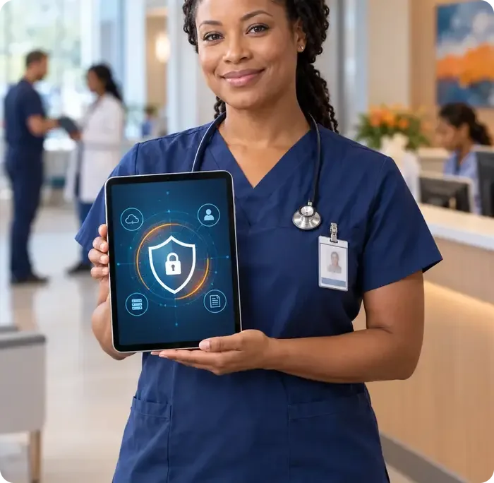 Nurse holding a tablet that shows a patient data security shield in a medical practice